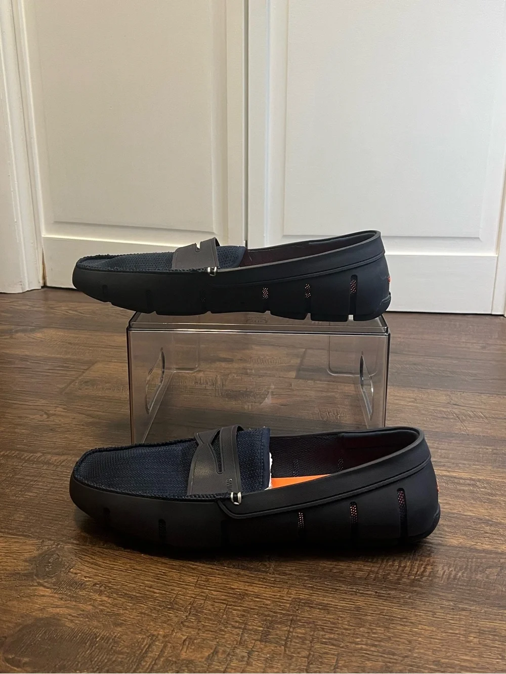 SWIMS Men’s Navy Mesh + Rubber Penny Loafers - Orange Insole Size 13